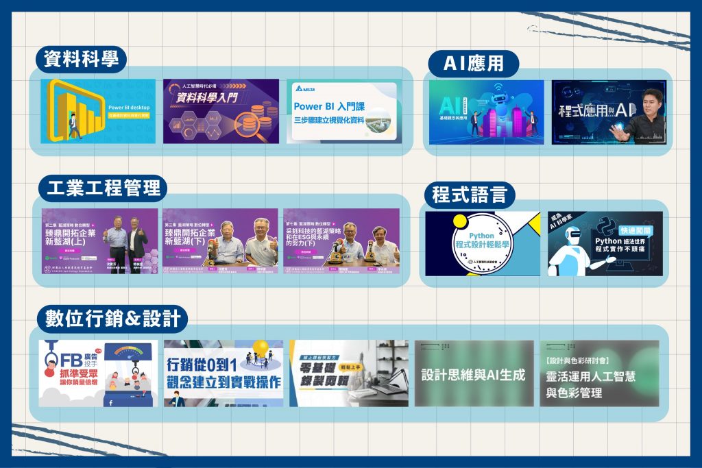 資料科學課程, AI應用課程, 工業工程管理課程, 程式語言課程, 數位行銷&設計課程